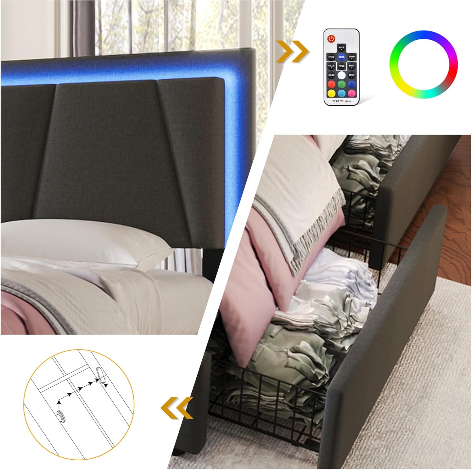 Kehun Polsterbett 90x200 cm, Einzelbett mit LED-Kopfteil, Stauraumbett 2 Stauraum Schubladen,Lattenrost aus Holz, Modern Bett Bettgestell aus Metallrahmen, Leinen, Grau, Ohne Matratze