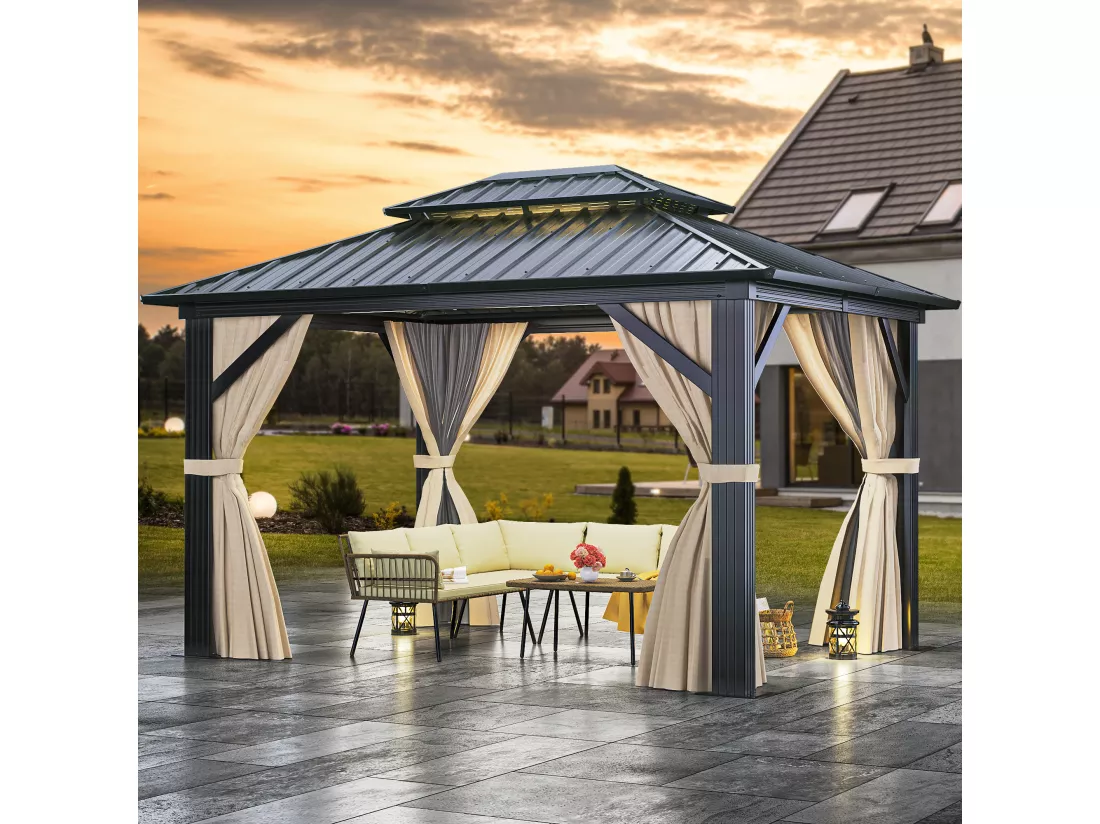 YITAHOME Pavillon de Jardin - en fer - 3 x 3.65m - avec Filet et Rideaux - Tente d'Extérieur - pour Patio - Noir