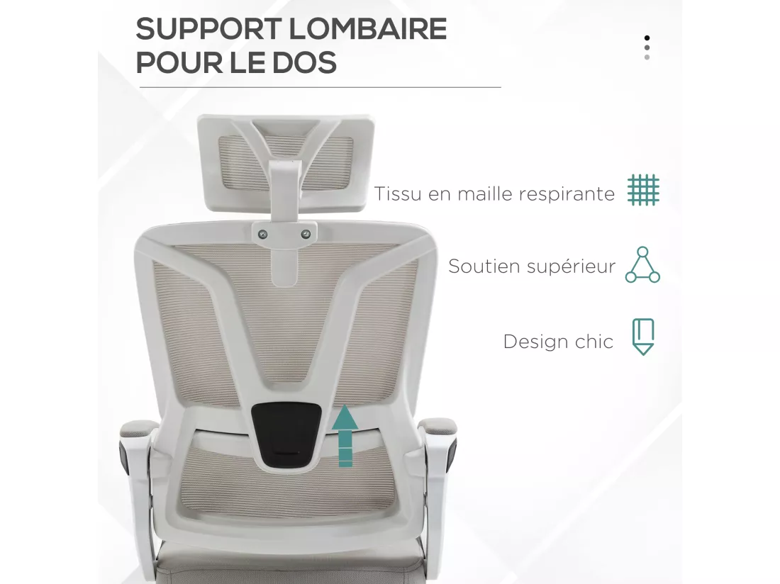 Fauteuil de bureau ergonomique inclinable réglable - repose-pied rétractable, support lombaires, tétière ajustable - blanc gris