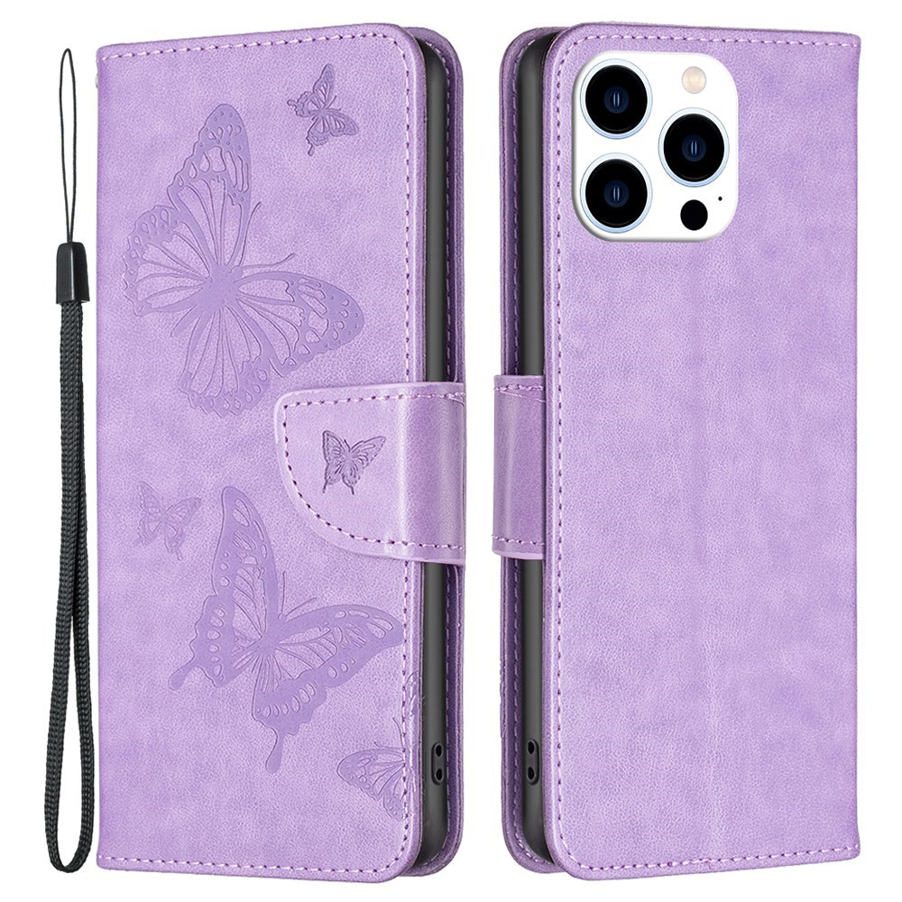 iPhone 14 Pro Leder Tasche mit Kartenfach   Handschlaufe Schmetterling - Lila