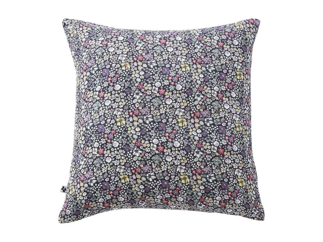 SOIZIC - Taie d'Oreiller 60x60cm Gaze de Coton Imprimé Bleu-Violet Imprimé Fleurs