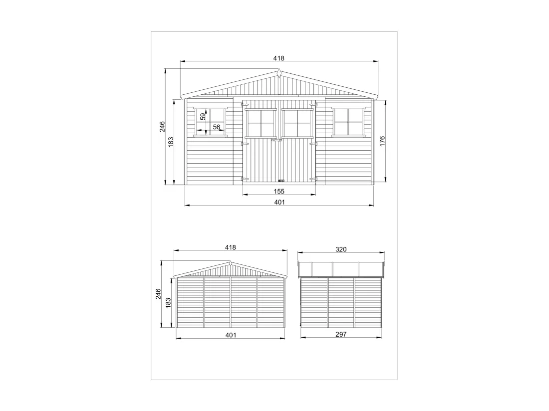 Abri de jardin en bois AVEC PLANCHER IMPRÉGNÉ- H246x418x320 cm/12 m² - Timbela M331+M331G