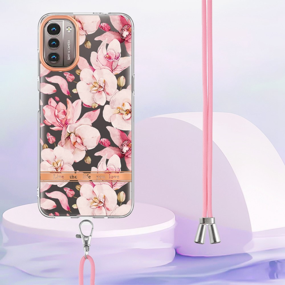 Nokia G11 / G21 Gummi Case Hülle Galvanisierter Rahmen   Necklace Handykette mit Einlage - Rosa Blume