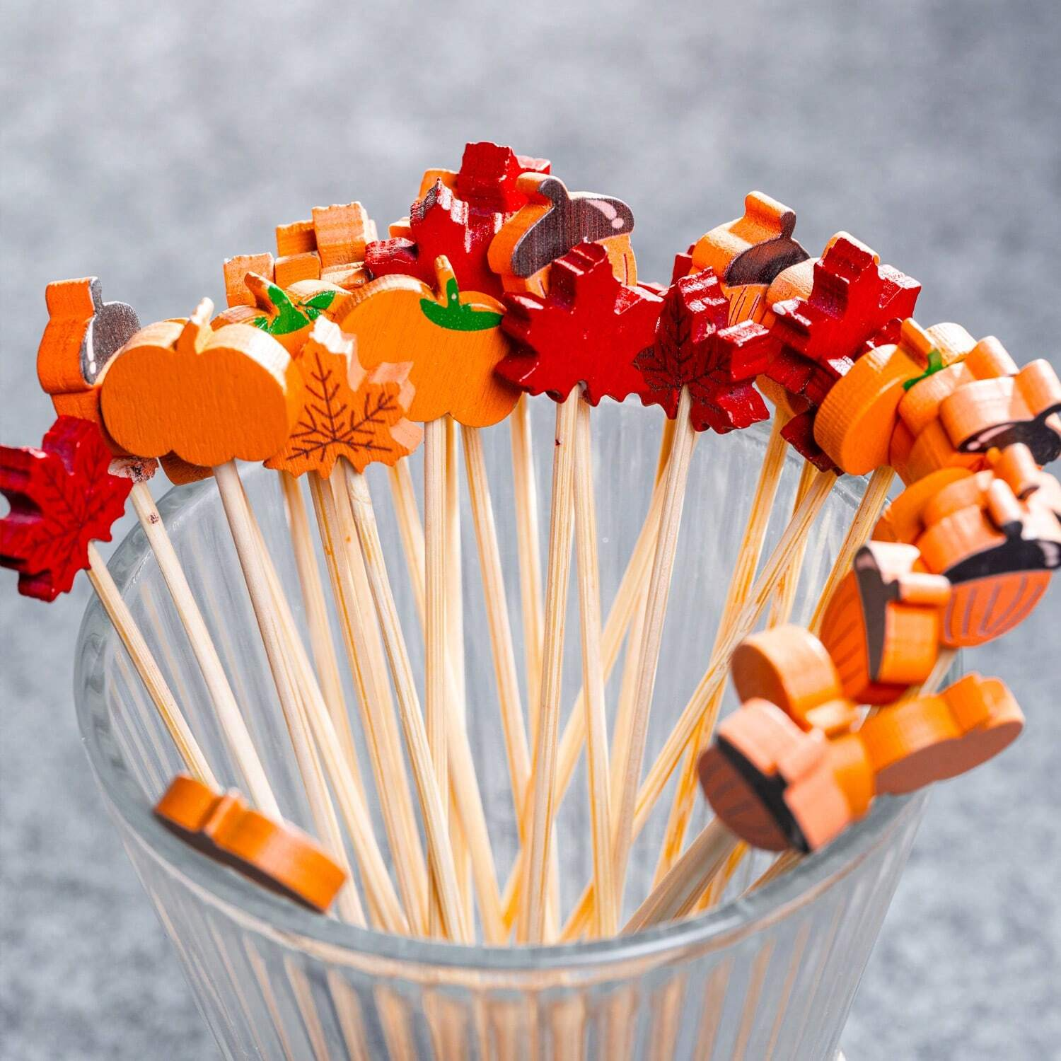 (100er Set) Cocktail Sticks Fingerfood Party Spiesse Deko Zahnstocher für Halloween / Herbst / Thanksgiving - Kürbis / Eichel / Ahornblatt