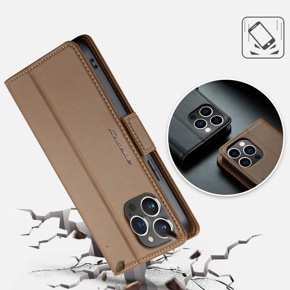 iPhone 16 Pro Max Leder Tasche Flip Wallet Etui mit Kartenfächern Litchi Look (RFID Schutz) - Braun