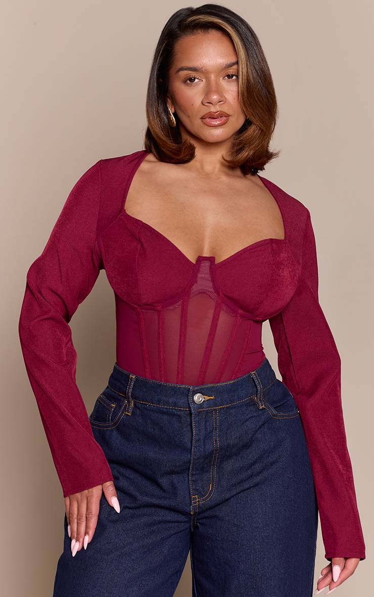 Rouge Bordeaux Body Corset Manches Longues En Mesh Shape