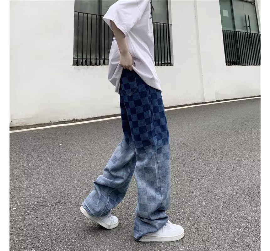 Urtishia - High-waist Gradient Plaid Wide-Leg Jeans