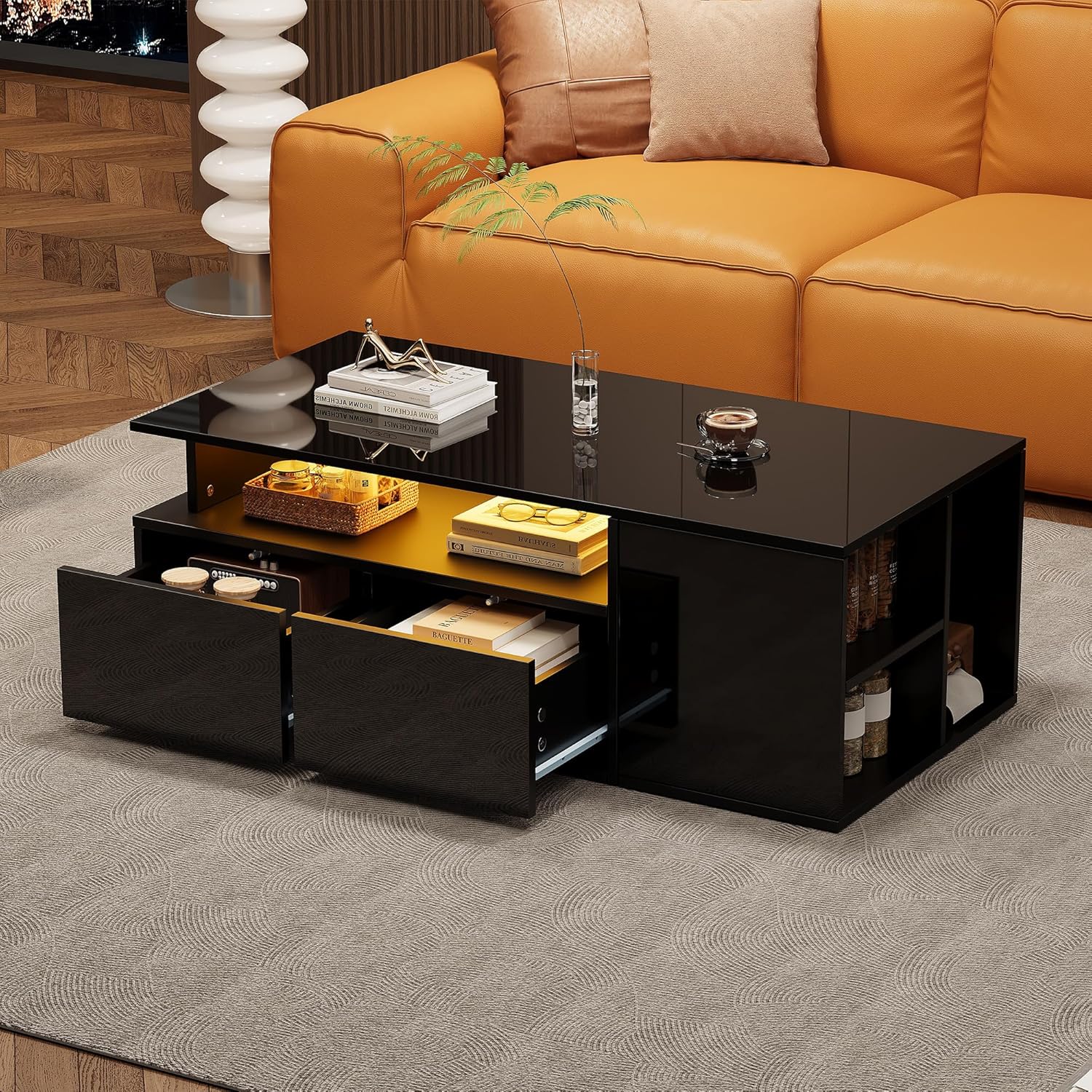 BTM Couchtisch mit LED und Stauraum 100x50x35cm 60kg Tragkraft, 2 Schubladen und 3 Seitfächer App Steuerung, Schwarz Hochglanz