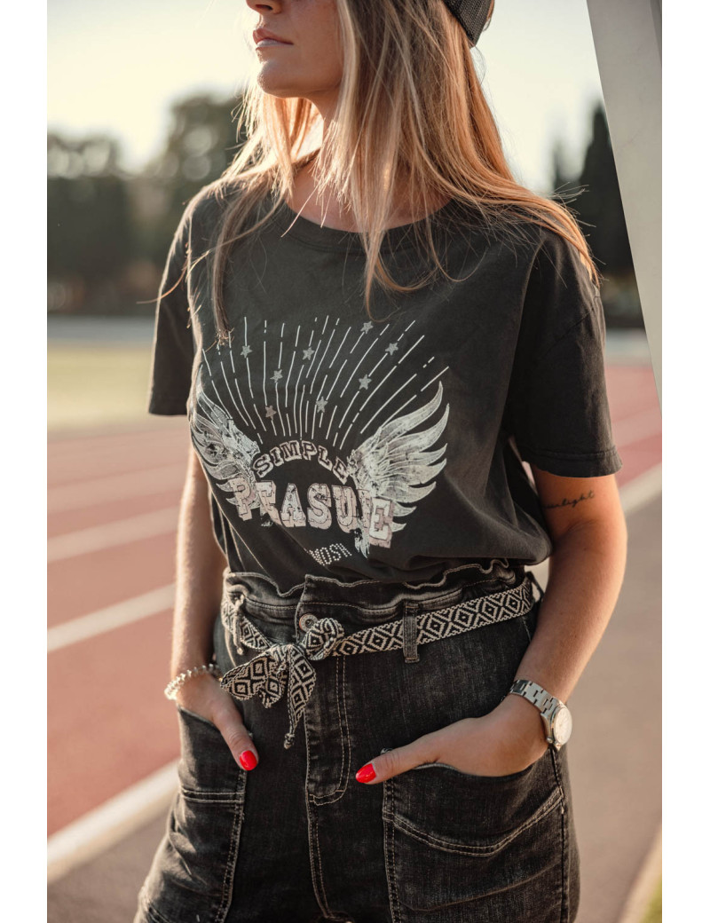 MOS MOSH T-SHIRT FEMME MANCHES COURTES MELORA NOIR STONEWASH