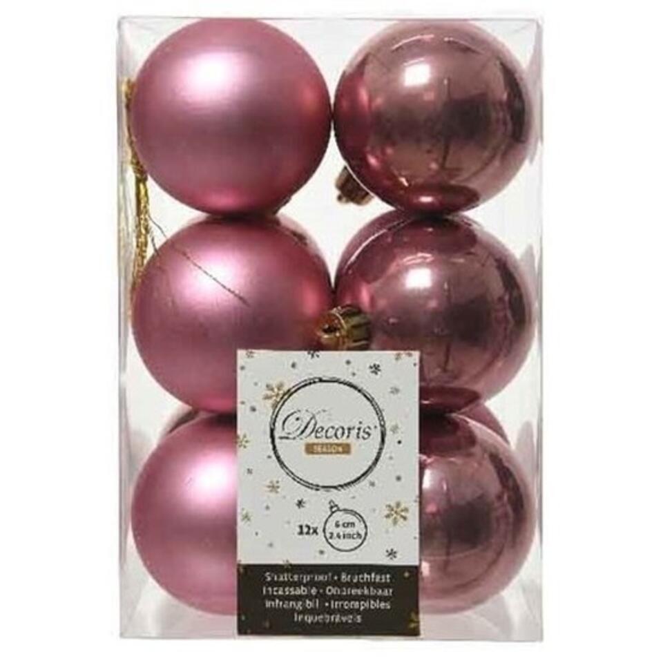 Decoris Kerstballen - 12 stuks - oud roze - mat/glans - 6 cm
