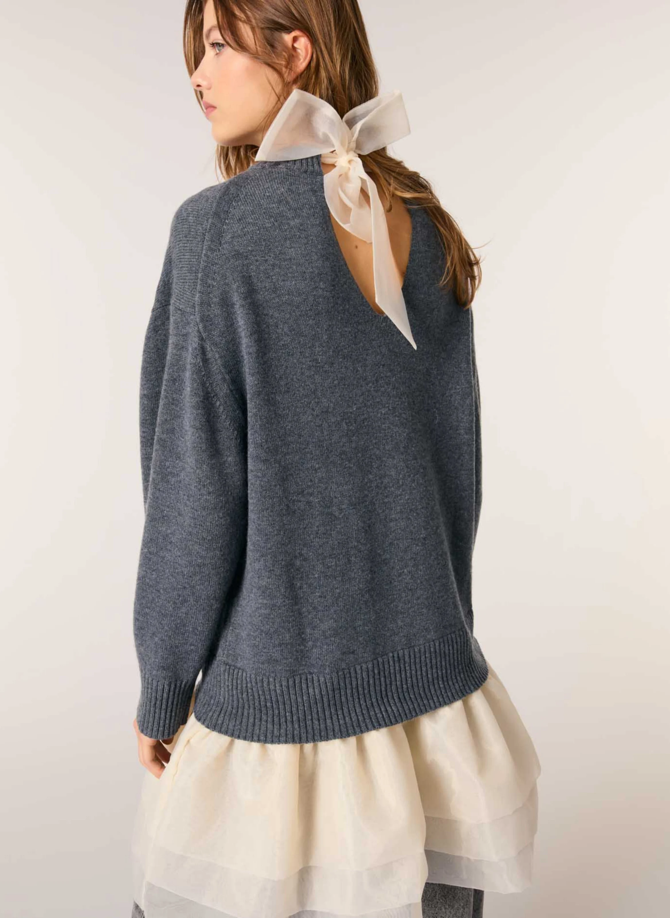 Robe courte col rond en laine mélangée | Gris