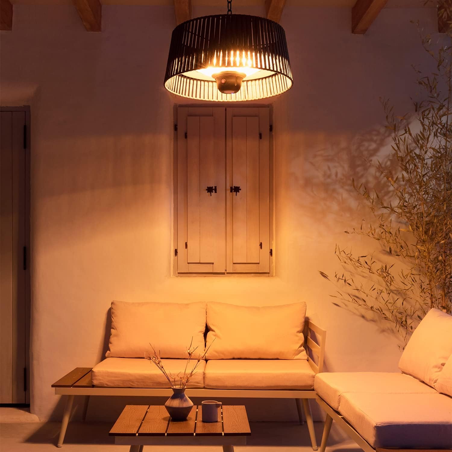 CREATE/HANGING HEATER/Halogen-Infrarot Heizstrahler Grau mit LED-Beleuchtung und Fernbedienung für Terrassen, Garten und Außenbereiche / 1800W Deckenheizstrahler, 3 Heizstufen 800-1000-1800W, IP24