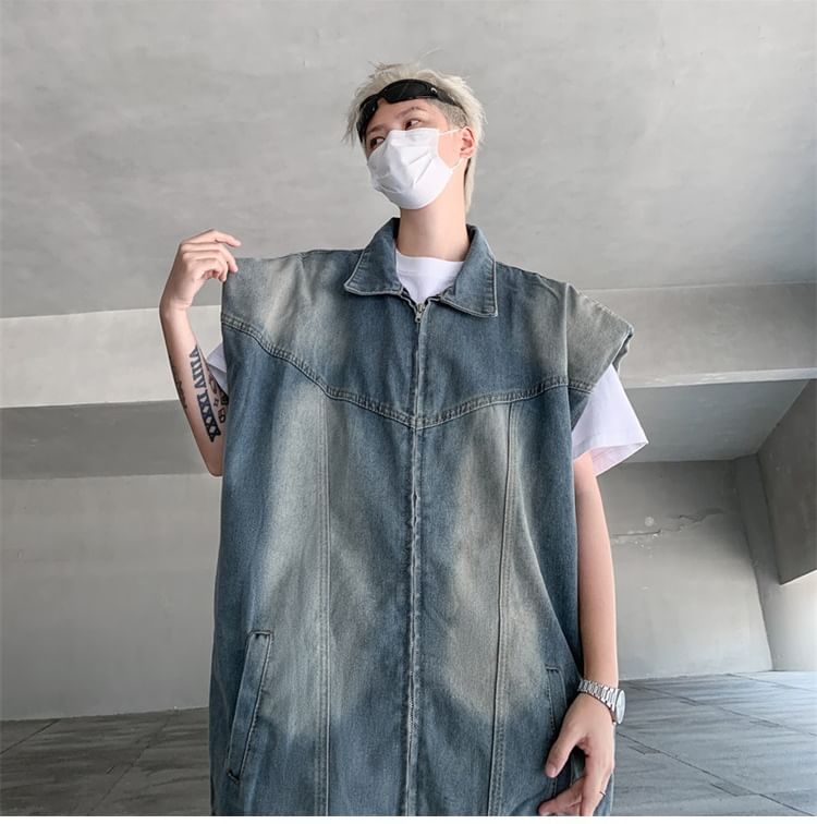 Hushgrain - Gewassen denim vest met kraag en rits