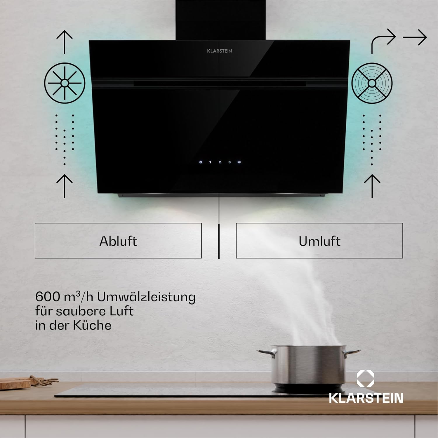 Klarstein Dunstabzugshaube Alina - 60-cm-Wandhaube, 600 m³/h Luftstrom, Energieeffizienzklasse A, LED-Beleuchtung in 9 Farben, Touch-Bedienfeld, Umluftbetrieb, Schwarz