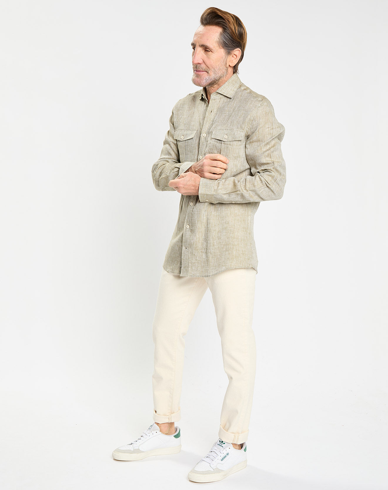 Hackett London Chemise 100% Lin Slim Fit double poche kaki clair