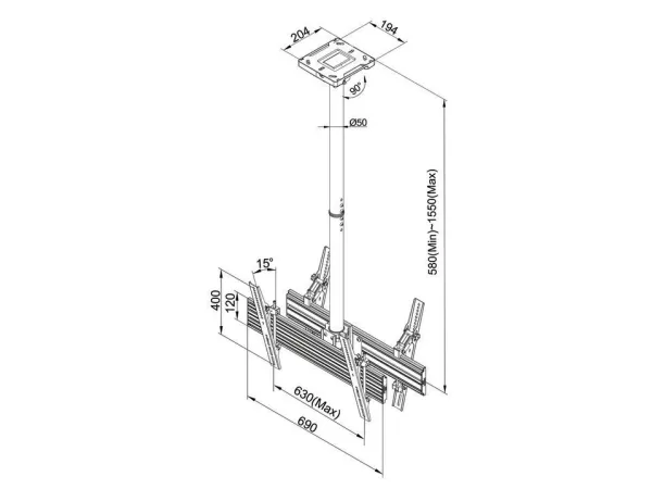 Multibrackets M Ceiling Mount Pro MBC1UX2 - Monteringssæt (loftsplade, loftspladeafdækning, 4 vippearme, 2 pæleklemmer, 2 skinner, 2 forlængerrør (80 cm)) - for 2 LCD displays - aluminium, stål - sort - skærmstørrelse: 40