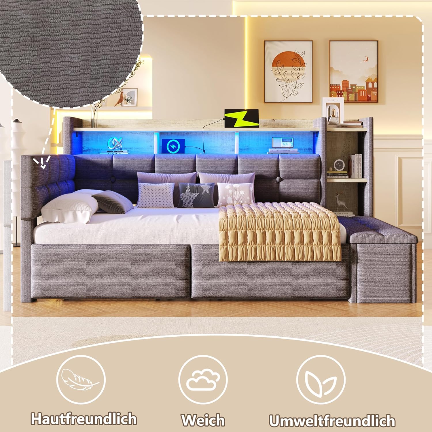 Tagesbett, Daybett, Schlafsofa, 90×190cm, mit Zwei Schubladen, USB- und Typ-C-Anschlüssen, Ablagefach, Stauraumbank am Fußende, LED-Lichtleiste, Ohne Matratze, Samt (Dunkelgrau)