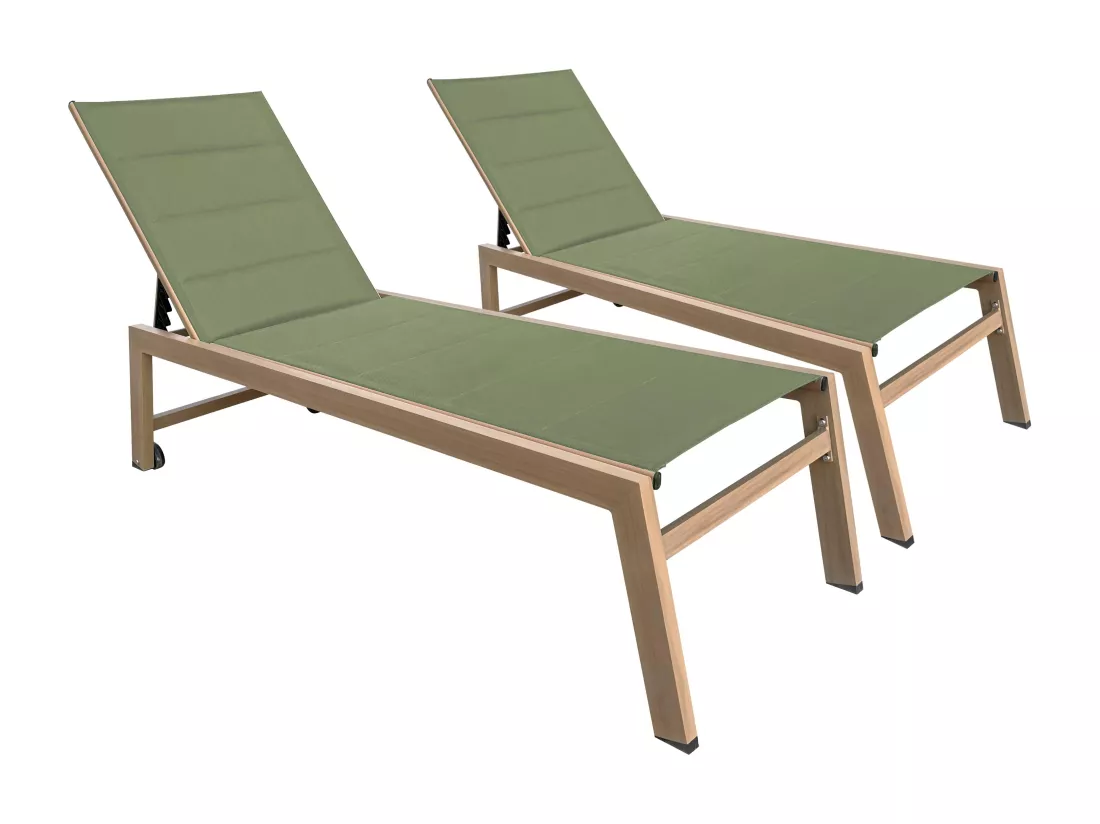 Lot de 2 bains de soleil effet bois inclinable avec roues vert sauge - Futuna