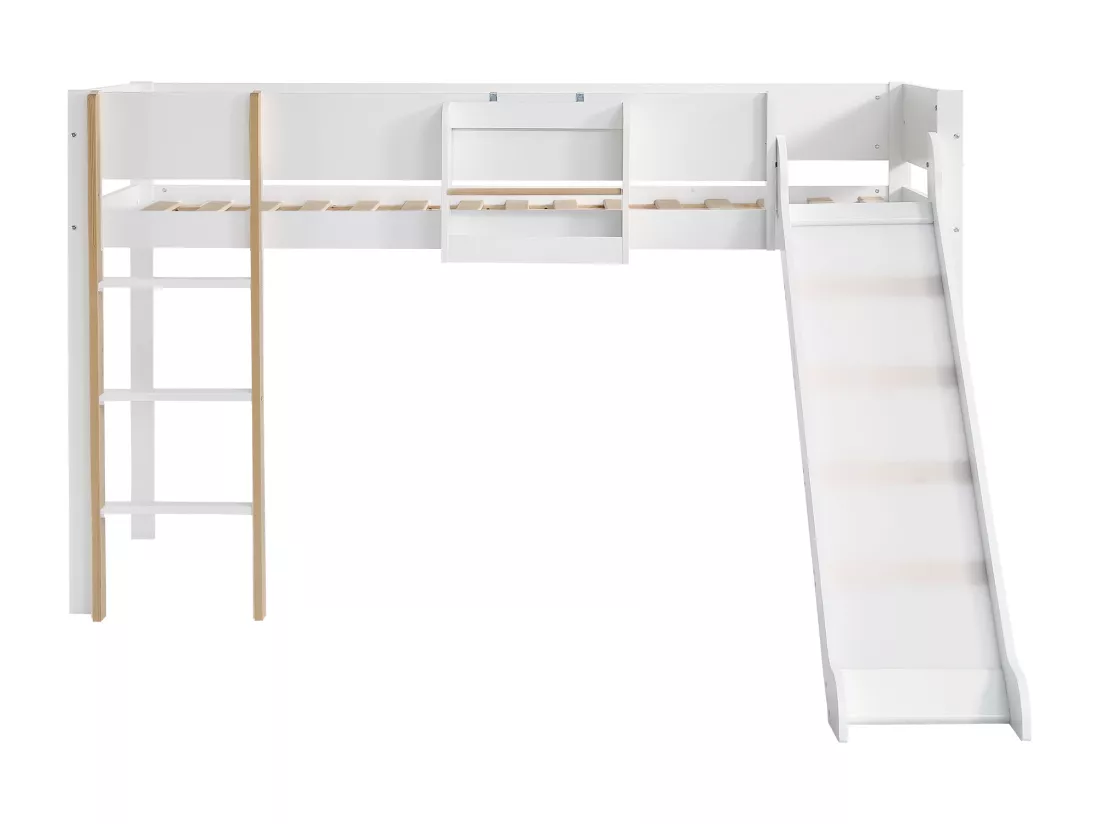 Lit mezzanine 90 x 200 cm avec toboggan et étagère amovible, pin+MDF, blanc+naturel