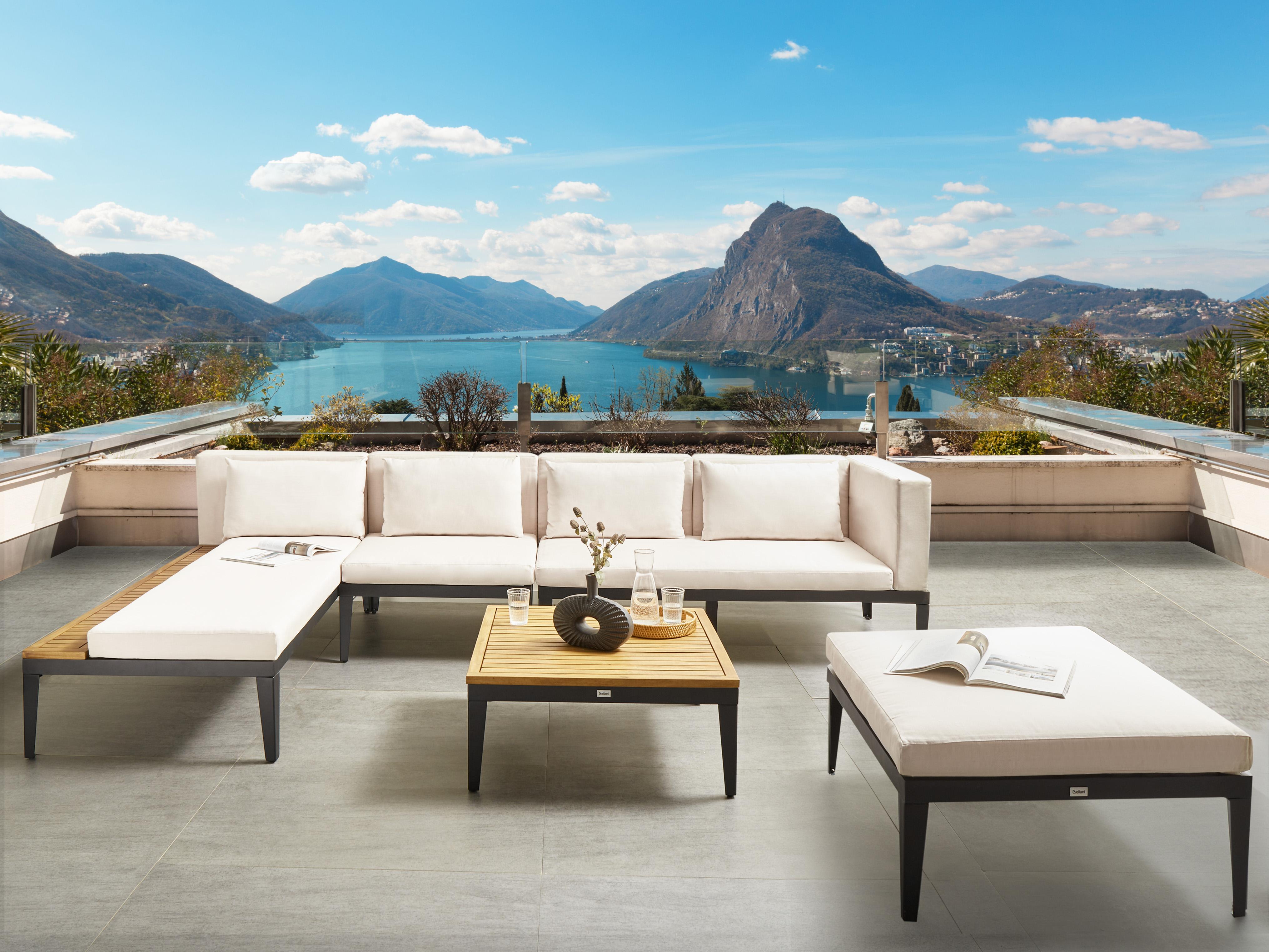 Loungeset met tafel en ottomaan 4-zits BRACCIANO rechtszijdig Gecertificeerd acaciahout Lichtbeige