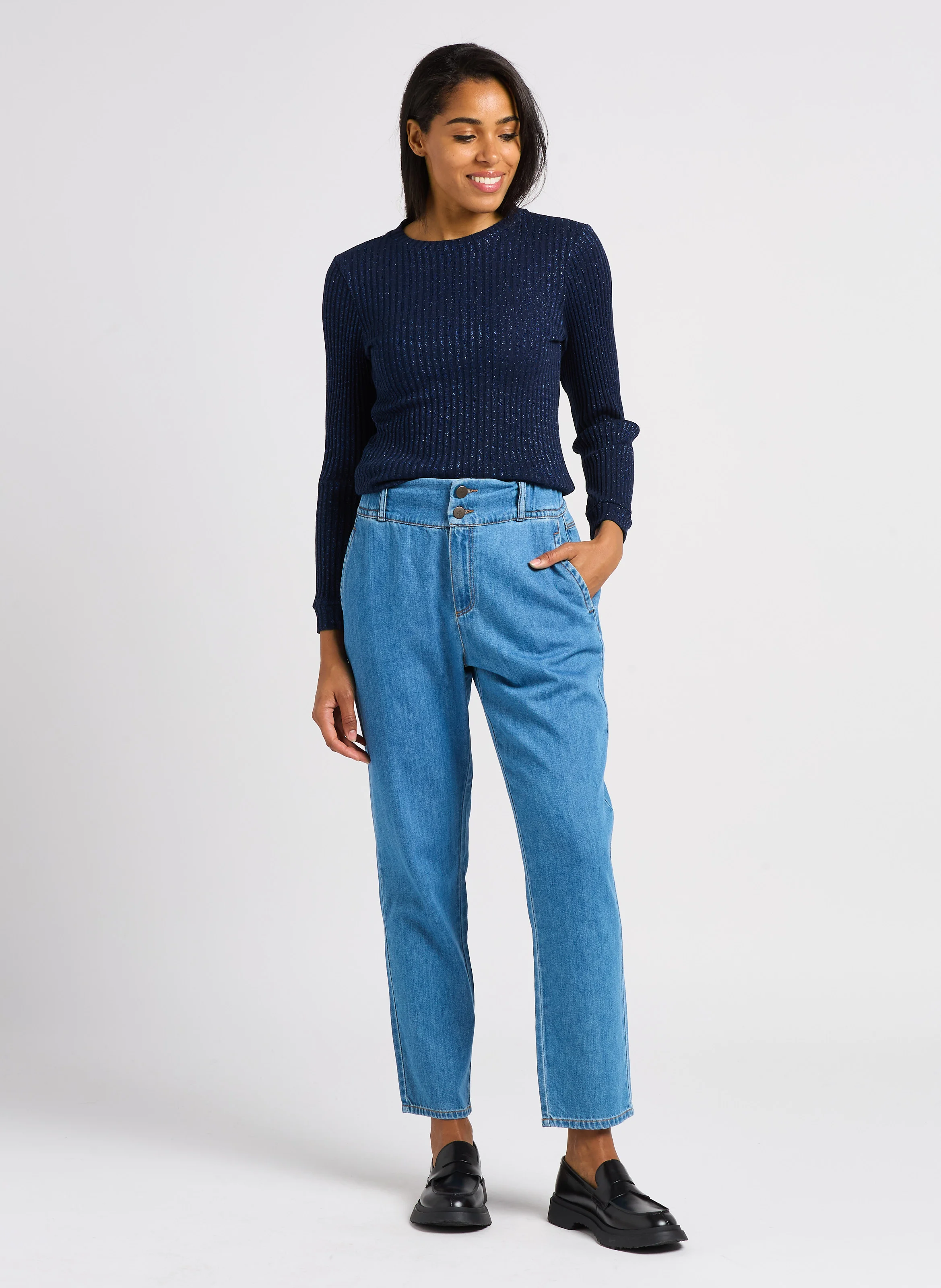 MALENE - Pull col rond en coton mélangé | Bleu