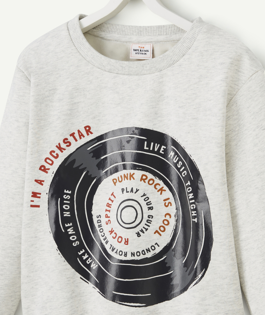 SWEAT GARÇON EN FIBRES RECYCLÉES GRIS CHINÉ AVEC MOTIF THÈME ROCK