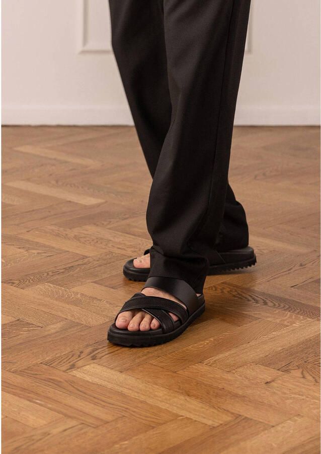 Manfield Heren Zwarte leren slippers