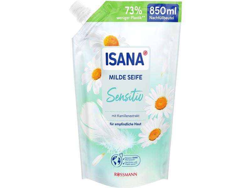 Isana Flüssigseife Sensitiv Nachfüllbeutel 2 x 850 ml Milde Pflegeseife mit Kamillenextrakt
