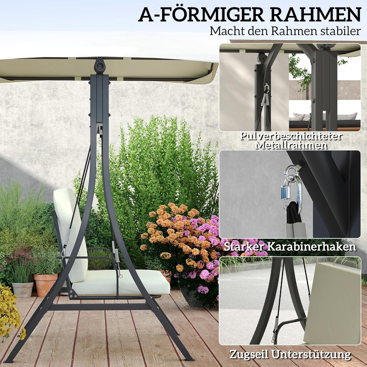 Outsunny Hollywoodschaukel mit verstellbarem Sonnendach Sitzauflage, 2-Sitzer Gartenschaukel belastbar bis 220kg, UV 30+ Schaukelbank für Garten, Terrasse, 150x120x182cm, Cremeweiß