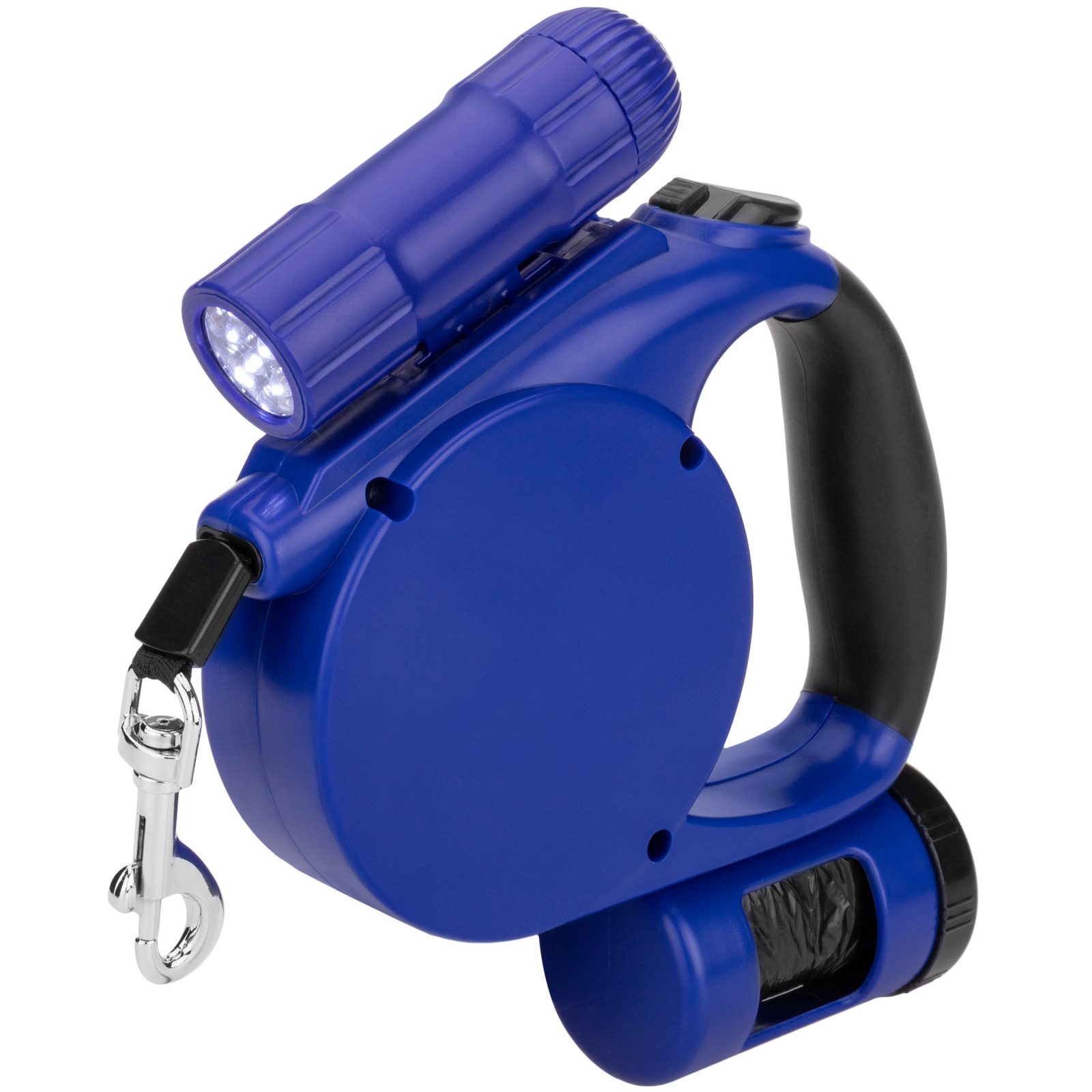 Guia extensível azul para animais de estimação com dispensador de sacos.