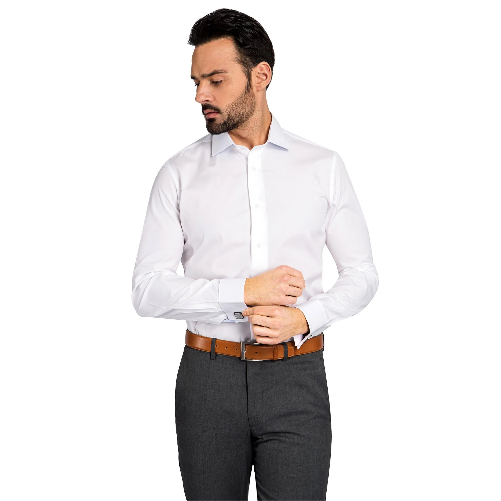 Chemise blanche slim fit poignet mousquetaire 100% coton infroissable