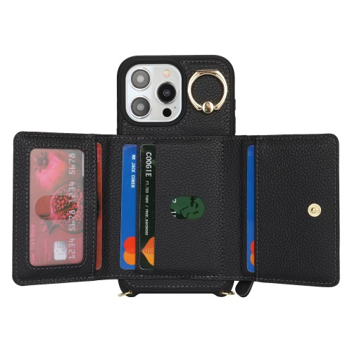 iPhone 14 Pro Necklace Leder Hülle mit Münzfach und Kartenfächer   Finger Griff Halterung   Handykette - Schwarz