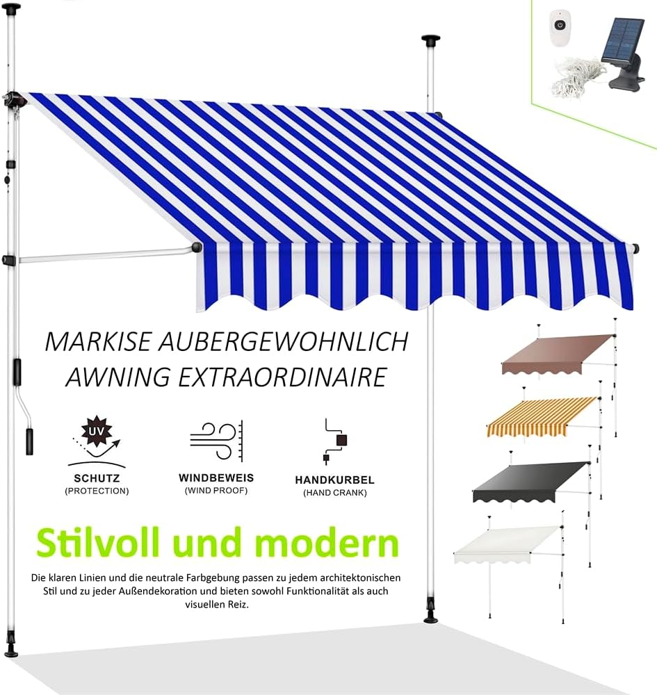 Melko Sonnenmarkise Balkon 400 cm Klemmmarkise mit LED Weiß/Orange Balkomarkise ohne Bohren Fenstermarkise