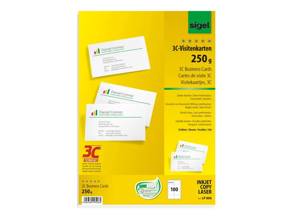 Sigel Business Card 3C LP800 - Skinnende hvid - 85 x 55 mm - 250 g/m² - 100 kort (10 ark x 10) visitkort
