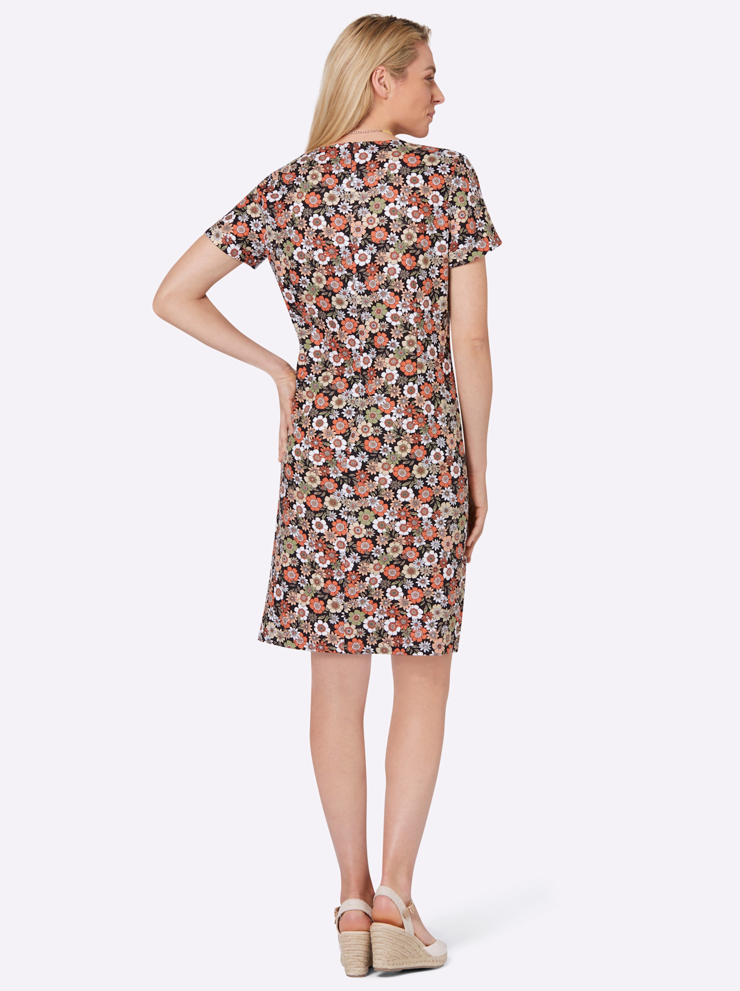 Druck-Kleid in schwarz-papaya-bedruckt