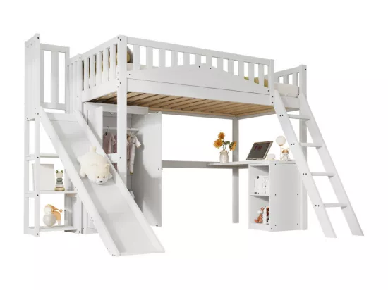 Lit mezzanine 90 x 200 cm avec bureau et toboggan, garde-robe - 5 étagères - Pin+MDF+contreplaqué - Blanc