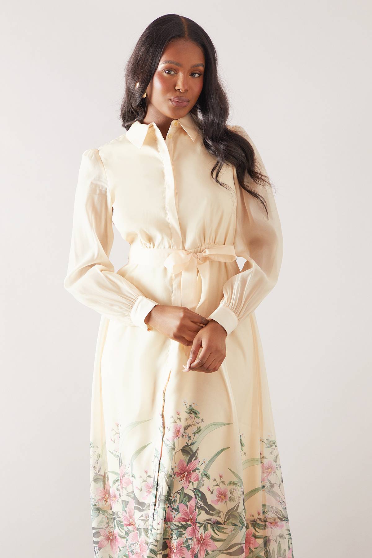 Wallis Robe Chemise Ceinturée en Organza Fleuri