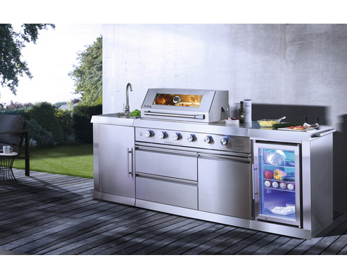 Buschbeck Oxford gasgrill buitenkeuken met 4 branders, zijbrander, RVS rooster, spoelbak met kraan en koelkast