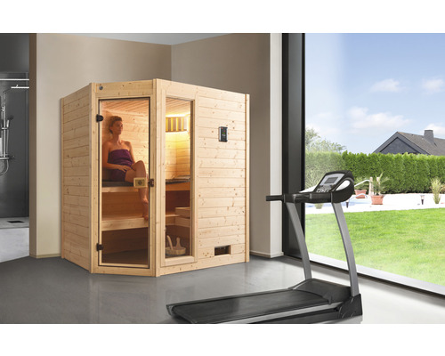 Massief houten sauna Weka Valida hoek GTF maat 1 incl. 5,4 kW kachel en digitale bediening met venster en volledig glazen deur van helder glas