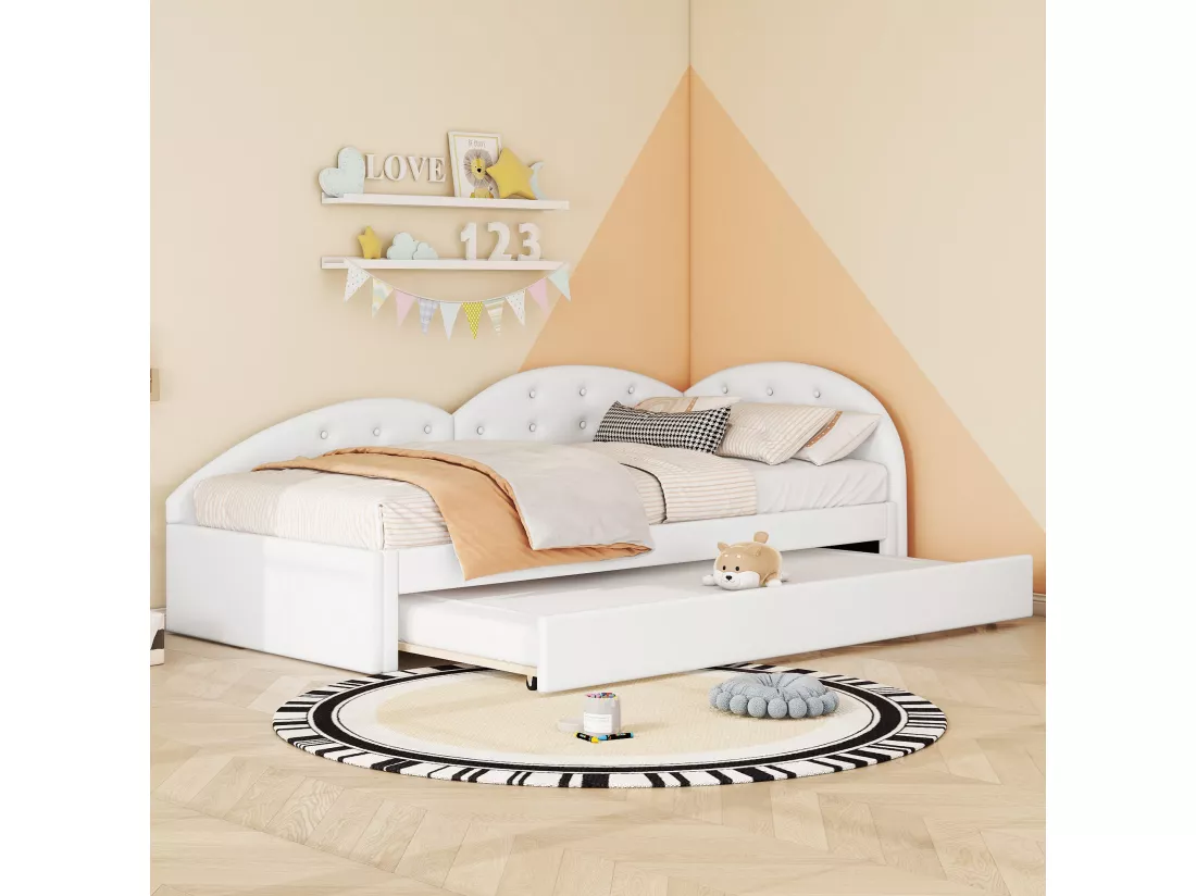 Lit gigogne 90 x 200 cm + 80 x 190 cm avec tête de lit - Cuir PU - sommier à lattes - coloris blanc