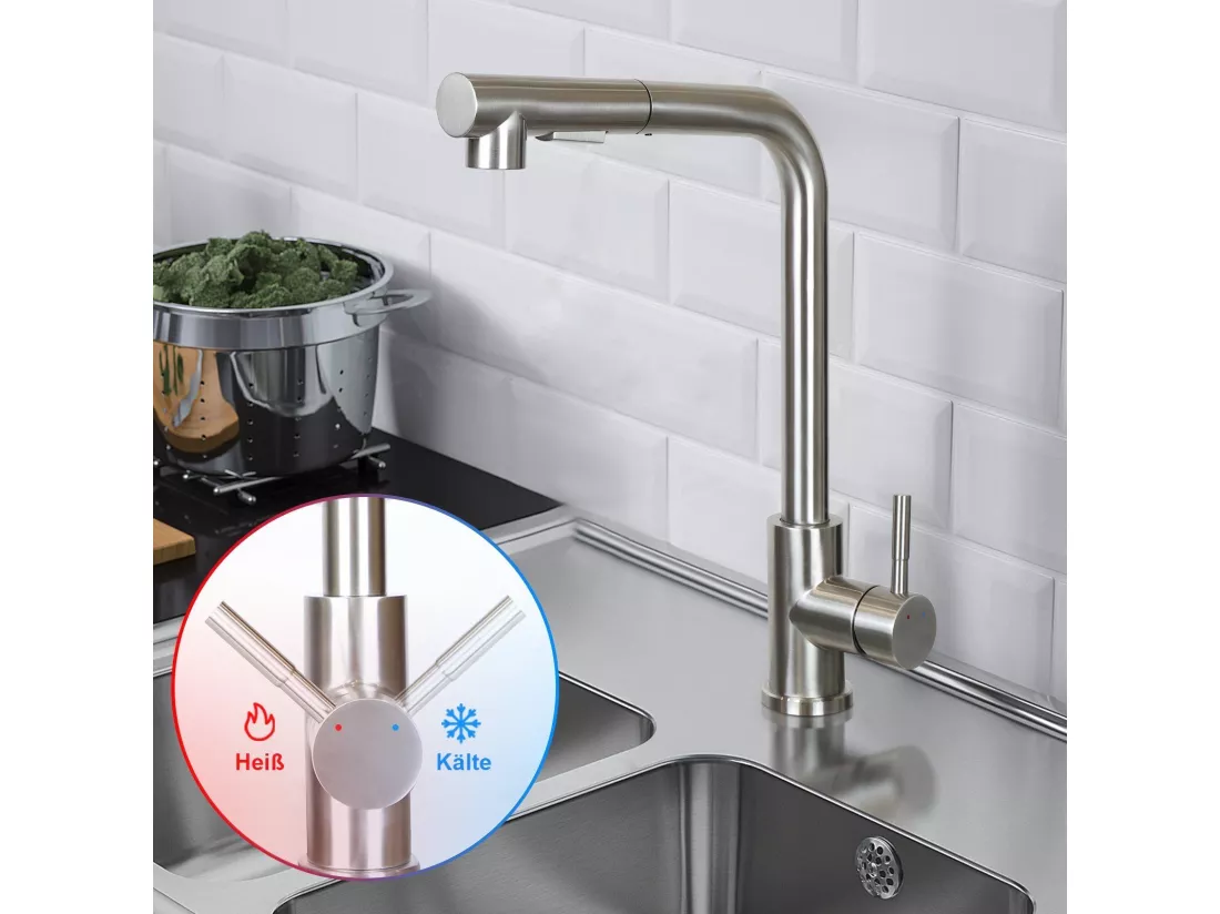 NETTLIFE Robinet de lavabo Robinet d'évier extensible Rotatif à 360° en acier inoxydable avec 2 types de jets