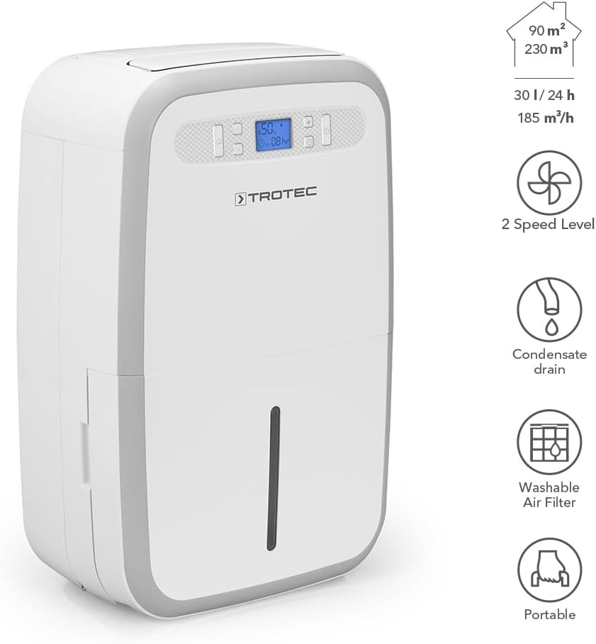 TROTEC Luftentfeuchter elektrisch TTK 95 E – Leistung 30 L/Tag – Fläche 90 m² - 230 m³ – mit Autoabschaltung – ideal für Keller