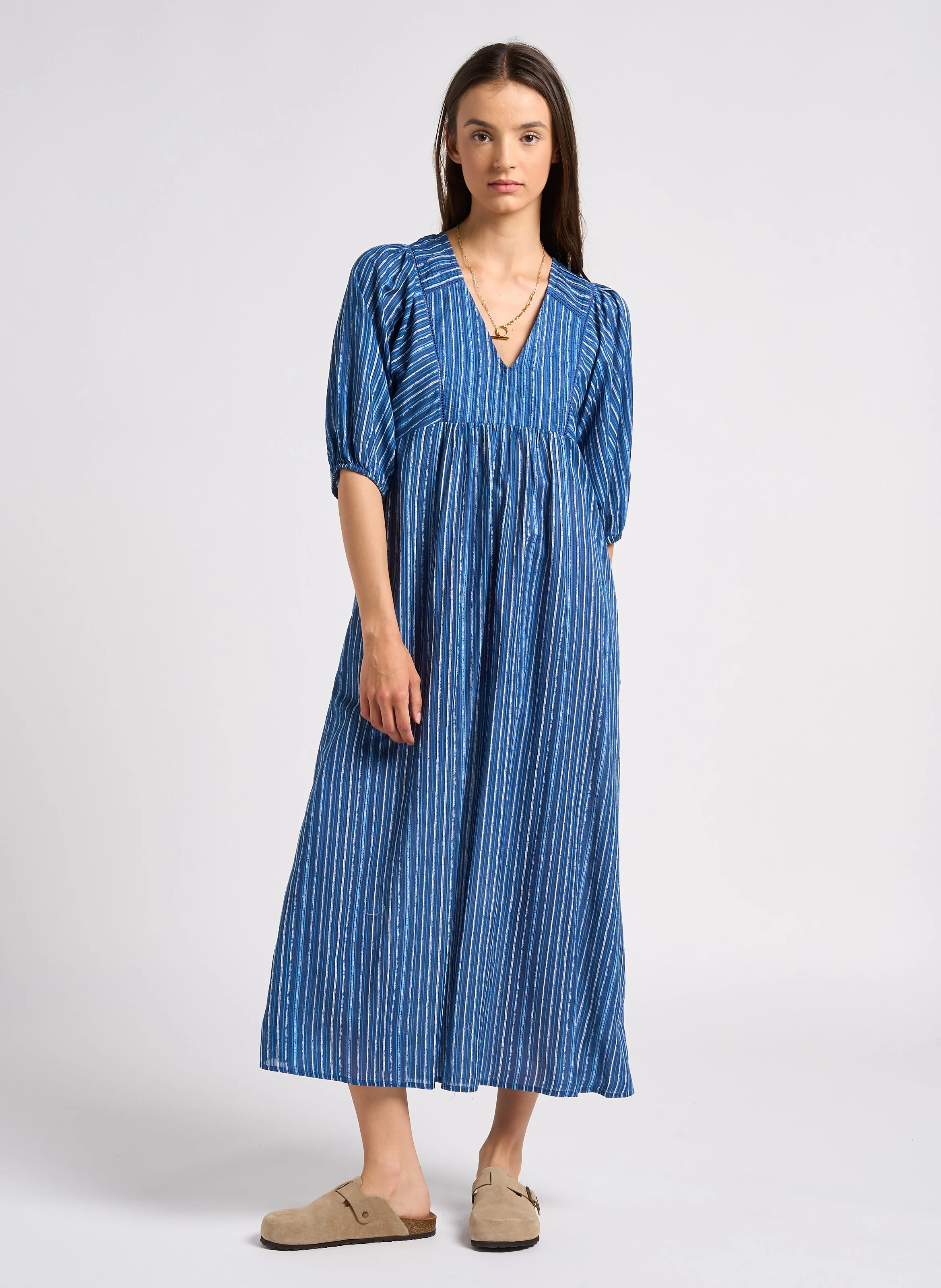 MARIE - Robe midi col V en coton | Bleu