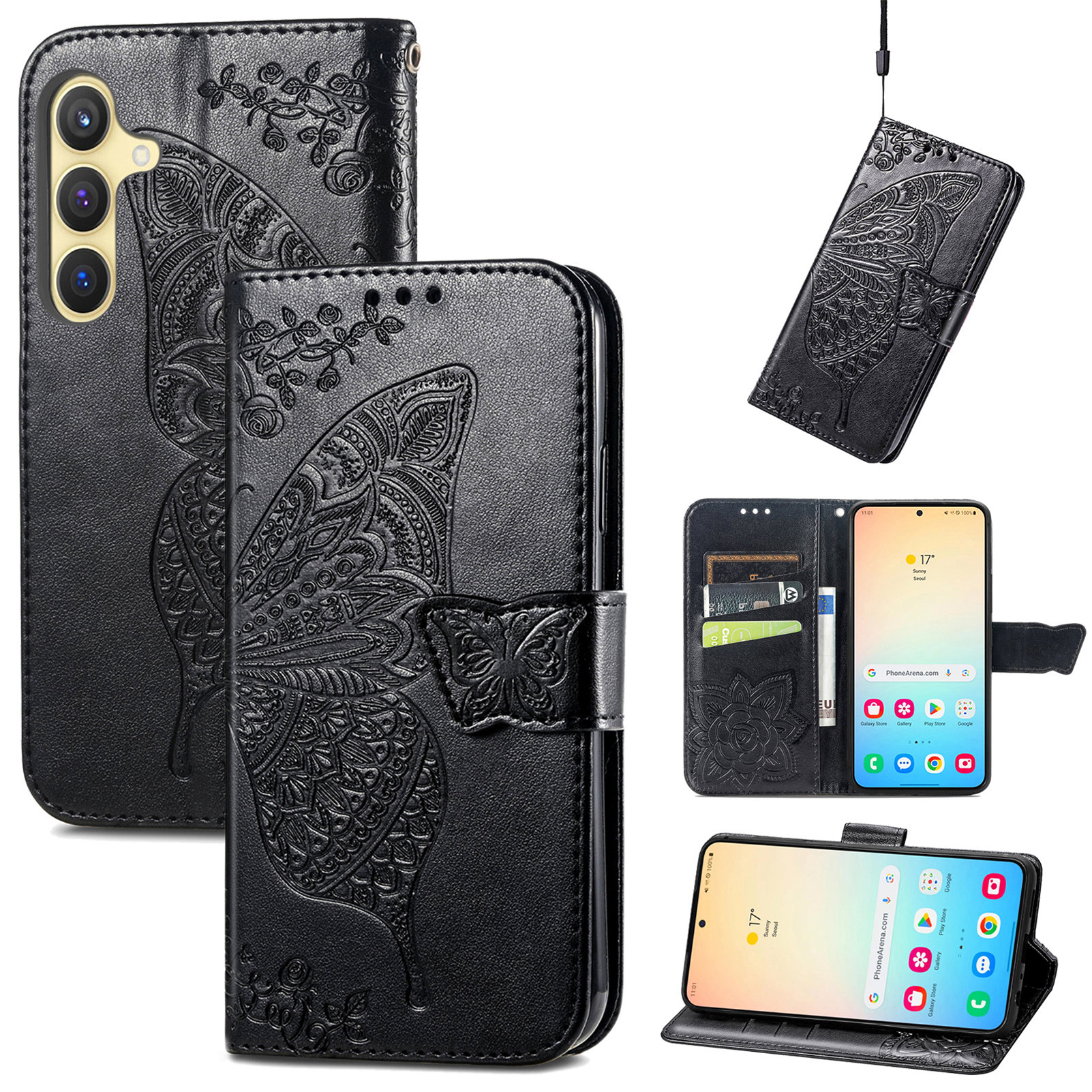Samsung Galaxy S25  Plus Leder Tasche Flip Cover Schmetterlinge Imprint - Schwarz