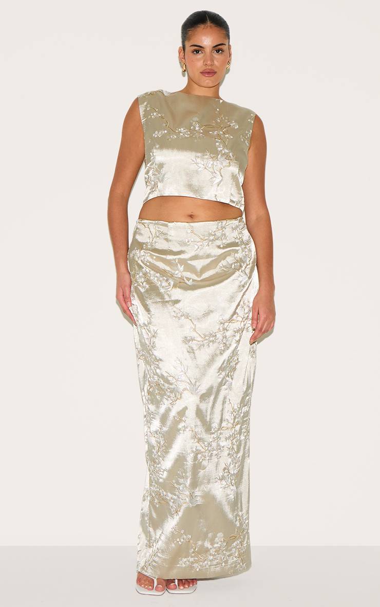 Pastel Green Jupe Maxi Brodée Florale Grande Taille Coordonnée
