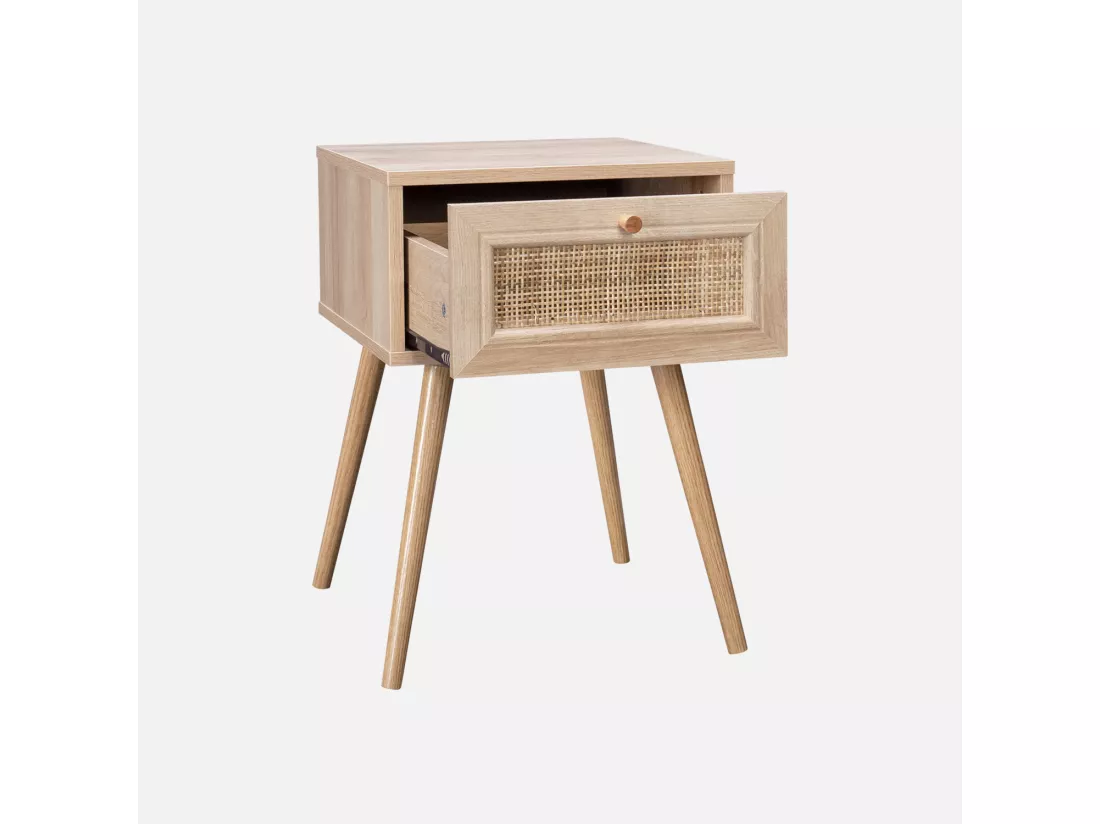 Lot de 2 tables de chevet effet bois & cannage avec 1 tiroir - Bohème
