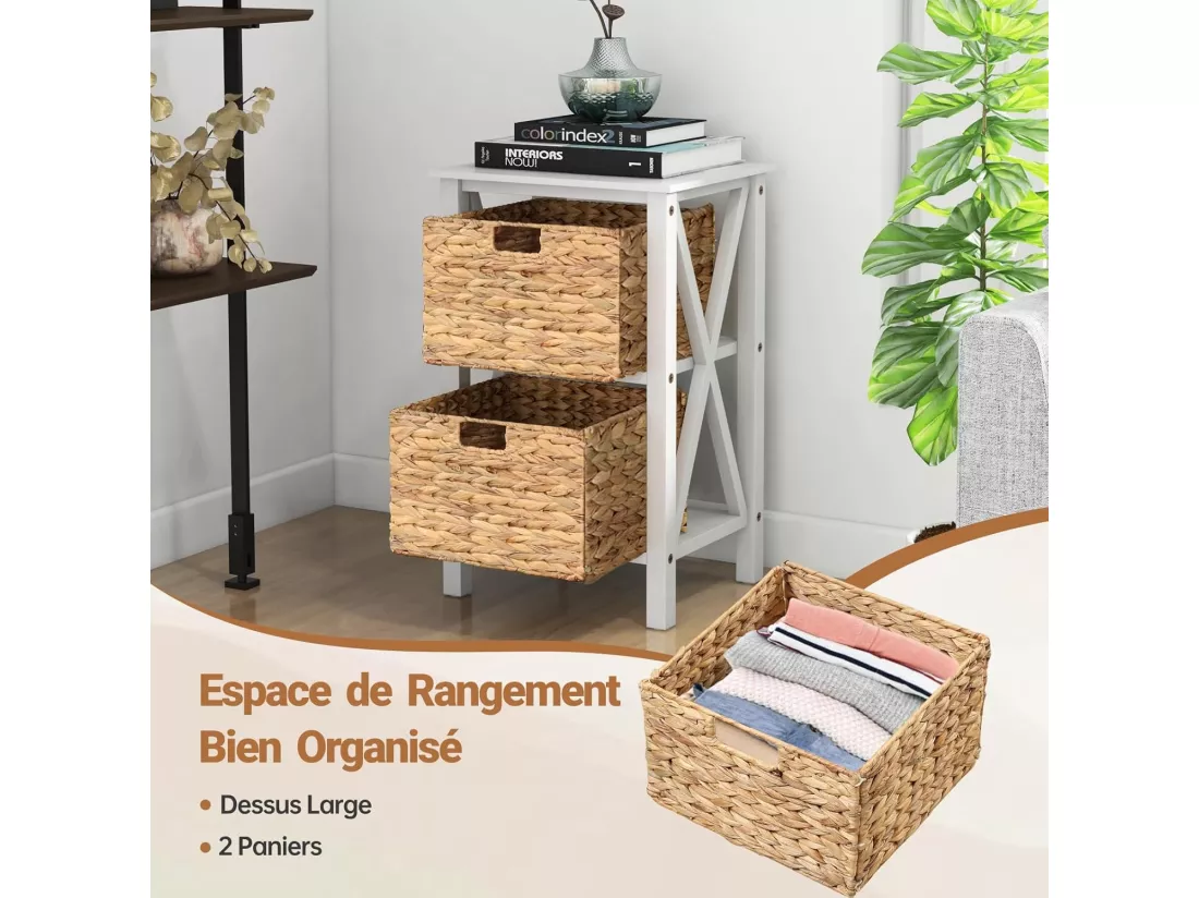 Table de Chevet 3 Niveaux （Lot de 2）, Table de Nuit avec 2 Paniers en Herbe Marine, Design X, Table d'Appoint avec Pieds en Bois d'Acacia pour Chambre, Salon, 36 x 30 x 57 cm