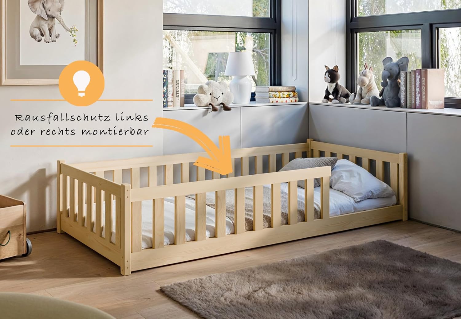 Kids Collective Kinderbett Bodenbett 90x200 cm mit Rausfallschutz & Lattenrost Montessori Bett Bed Gitterbett Kinder Jugendbett Einzelbett | Natur | von 4. bis 18. Lebensjahr