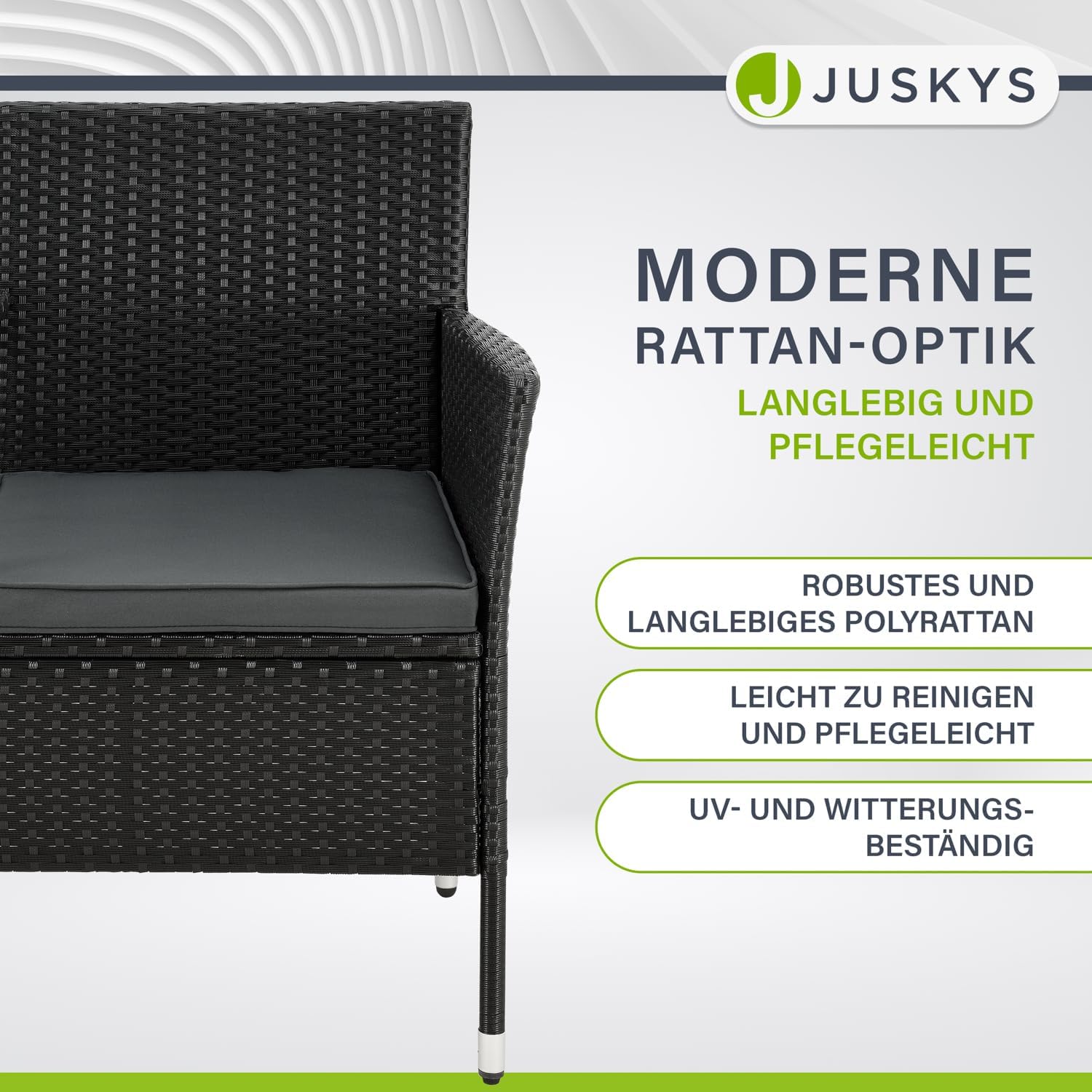Juskys Polyrattan Gartenbank Monaco - 2-Sitzer Bank mit Tisch & Kissen - 133x63x84 cm - Rattan Sitzbank wetterfest Garten Balkon - schwarz