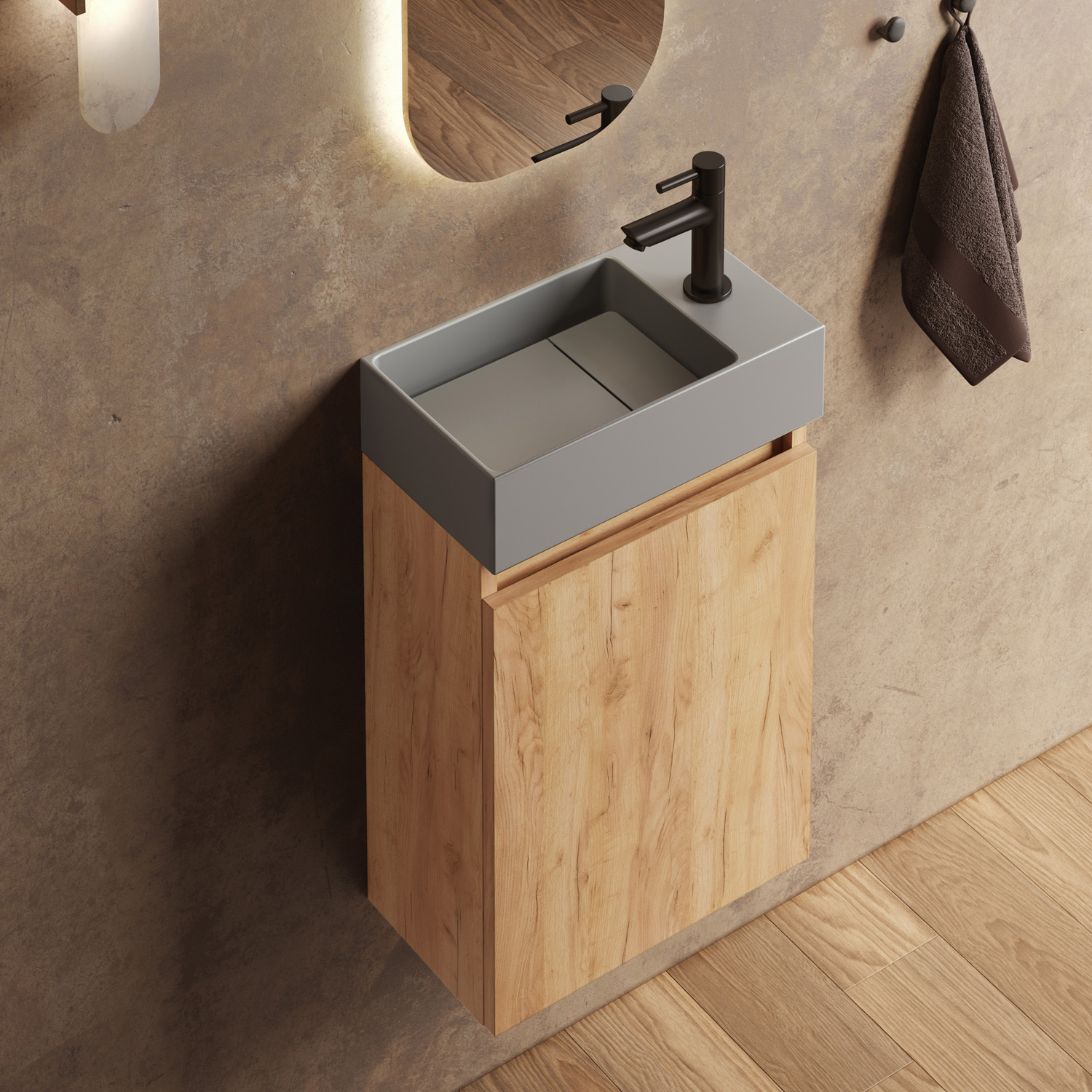 Fontana Itsie toiletmeubel warm eiken 40cm met fontein in mat grijs